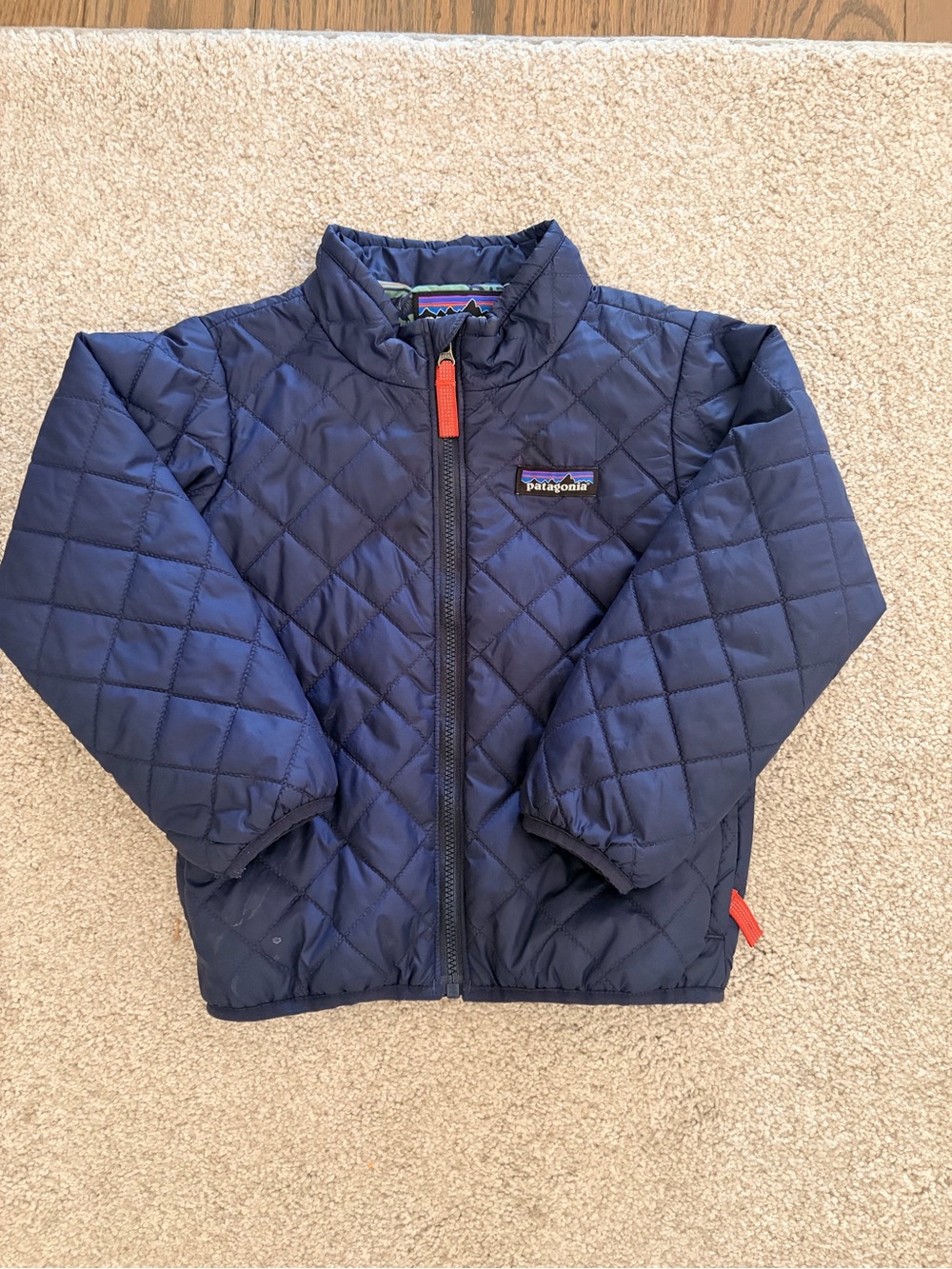 Patagonia Kids Navy Quilted Puffer Jacket with Red Zipper Pull
